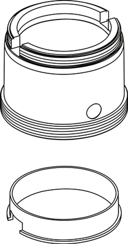 Zeichnung eines Gewinderinges mit Aussparungen und Gewindeprofil. Das Produkt gehört zur Marke Ideal Standard und zeigt verschiedene Ansichten des Rings.